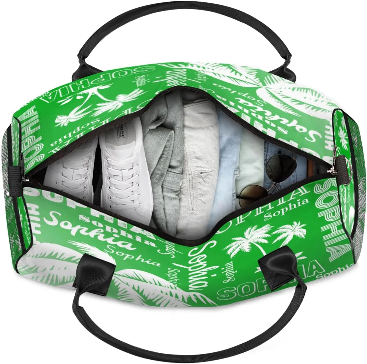 Personalized Sport Duffel Bag with Name, Coconut Tree Design Custom Overnight Bag Sleepover Bags for Dance Cheer Gymnastics, Grass Green Gradient