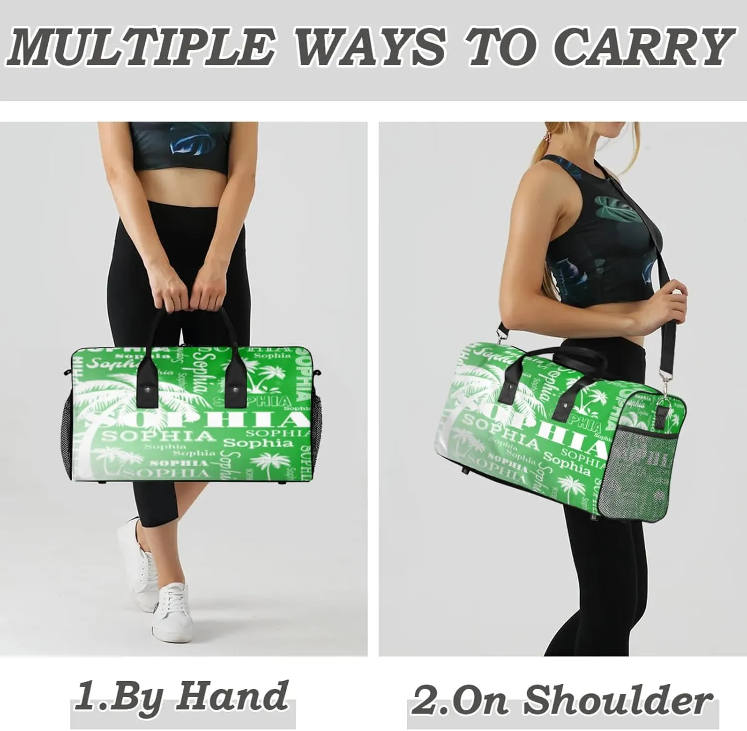 Personalized Sport Duffel Bag with Name, Coconut Tree Design Custom Overnight Bag Sleepover Bags for Dance Cheer Gymnastics, Grass Green Gradient