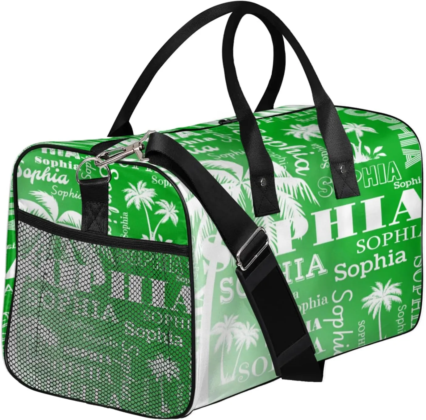 Personalized Sport Duffel Bag with Name, Coconut Tree Design Custom Overnight Bag Sleepover Bags for Dance Cheer Gymnastics, Grass Green Gradient