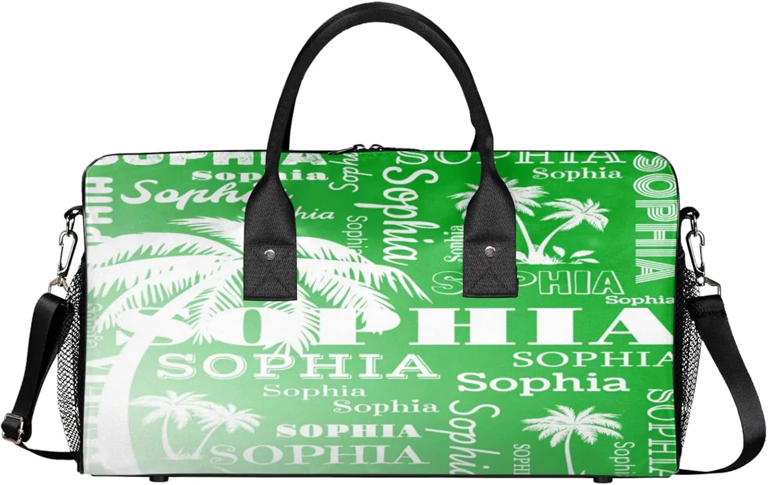 Personalized Sport Duffel Bag with Name, Coconut Tree Design Custom Overnight Bag Sleepover Bags for Dance Cheer Gymnastics, Grass Green Gradient