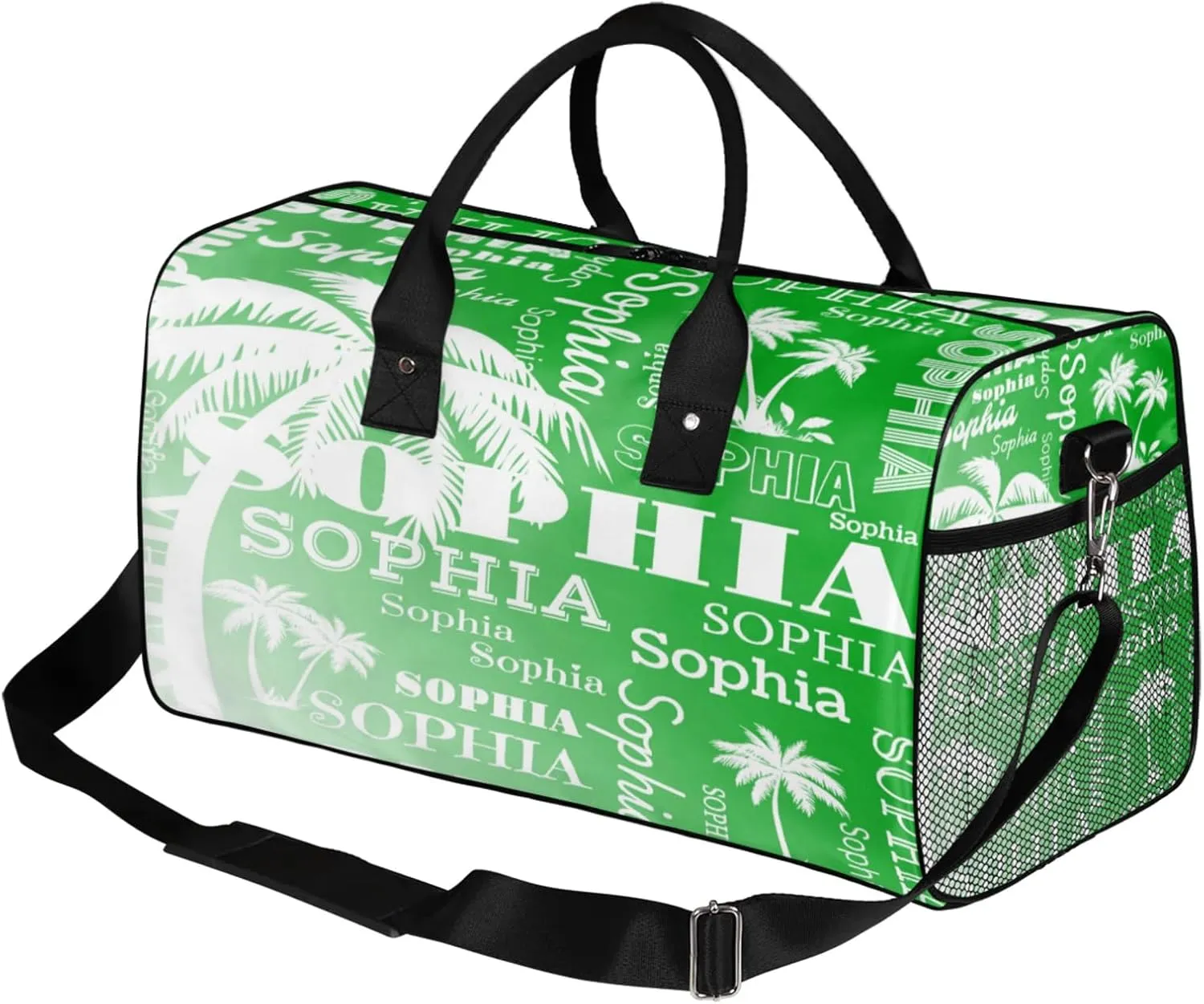 Personalized Sport Duffel Bag with Name, Coconut Tree Design Custom Overnight Bag Sleepover Bags for Dance Cheer Gymnastics, Grass Green Gradient