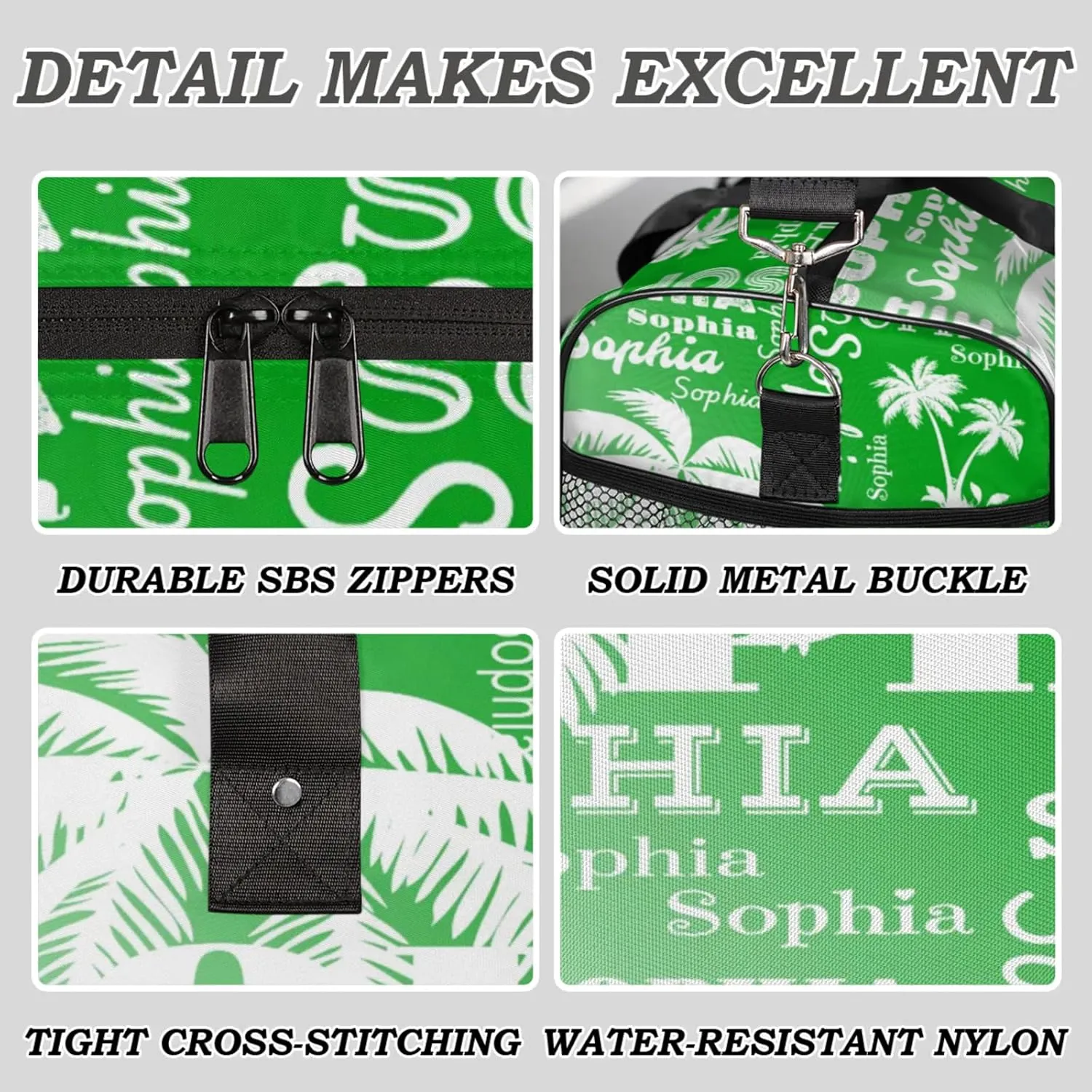 Personalized Sport Duffel Bag with Name, Coconut Tree Design Custom Overnight Bag Sleepover Bags for Dance Cheer Gymnastics, Grass Green Gradient