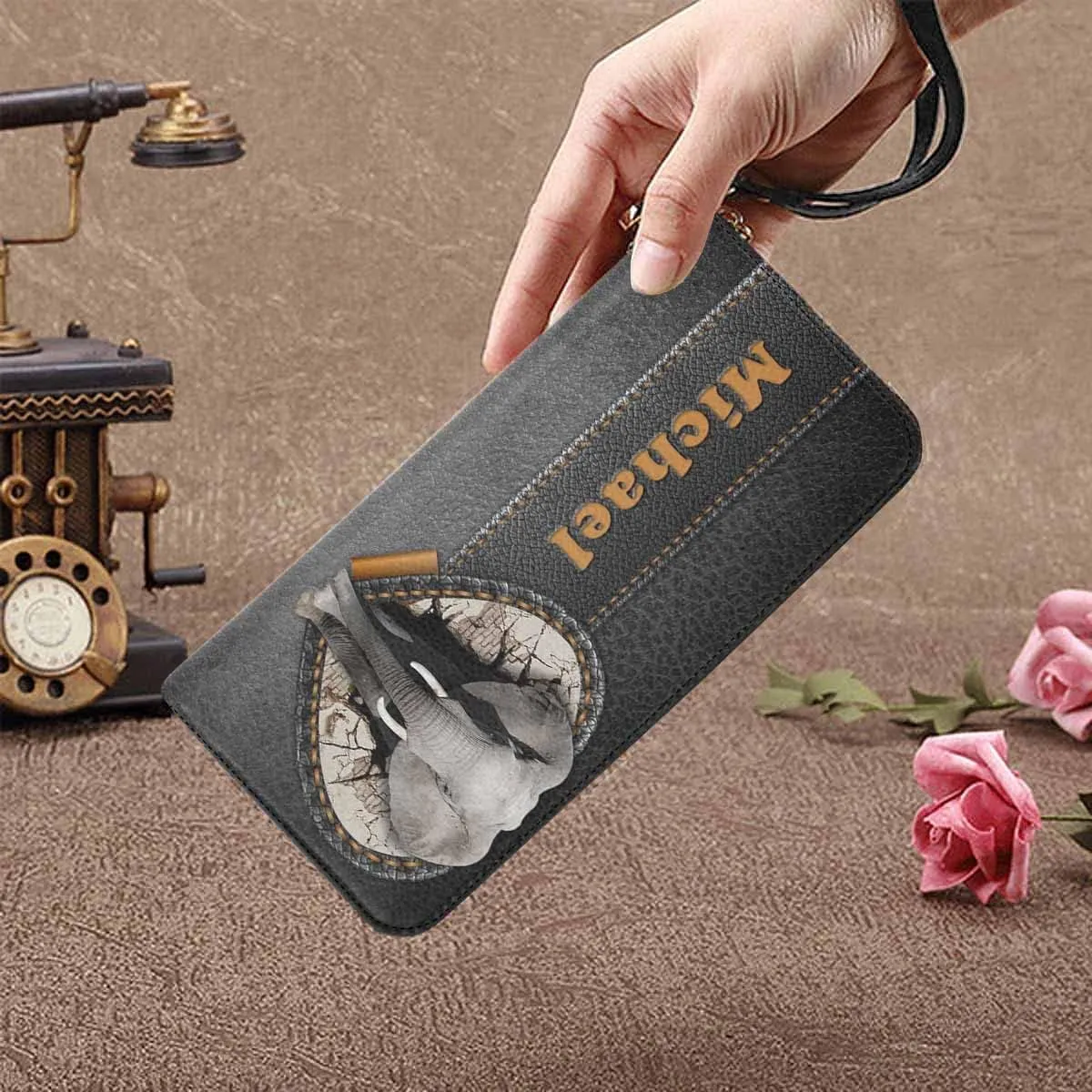 Personalized Women's Gift Clutch Purse Bags with Name, Custom Cute Elephant Print Women's Clutch Purse Bags