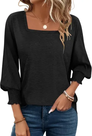 PGANDS Women's 3/4 Sleeve Tops Square Neck Spring Summer Casual Smocked Cuffs Shirts