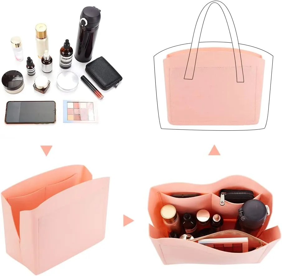 PH PandaHall 1pc Purse Organizer Insert Large Bag Organizer with Alloy Zipper Pink Felt Handbags Base Shaper Shell-Shaped Bag Organizer Tote Liner Pouch for Tote Bag Handbag Purse, 11.8×5.1×9”