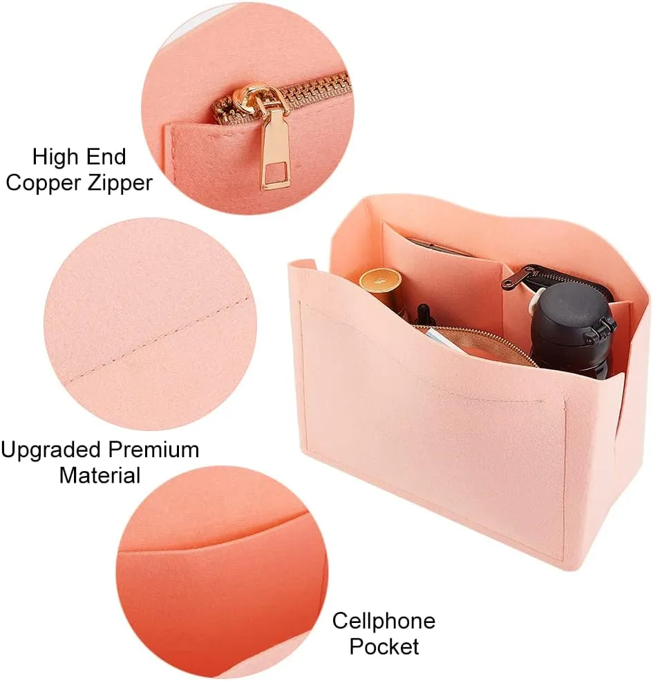 PH PandaHall 1pc Purse Organizer Insert Large Bag Organizer with Alloy Zipper Pink Felt Handbags Base Shaper Shell-Shaped Bag Organizer Tote Liner Pouch for Tote Bag Handbag Purse, 11.8×5.1×9”