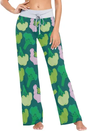 Pigsaly Broccoli Green Cabbage Women's Pajama Pants Vegetarian Food Loose Wide Leg Pant Casual Drawstring Sweatpants XS
