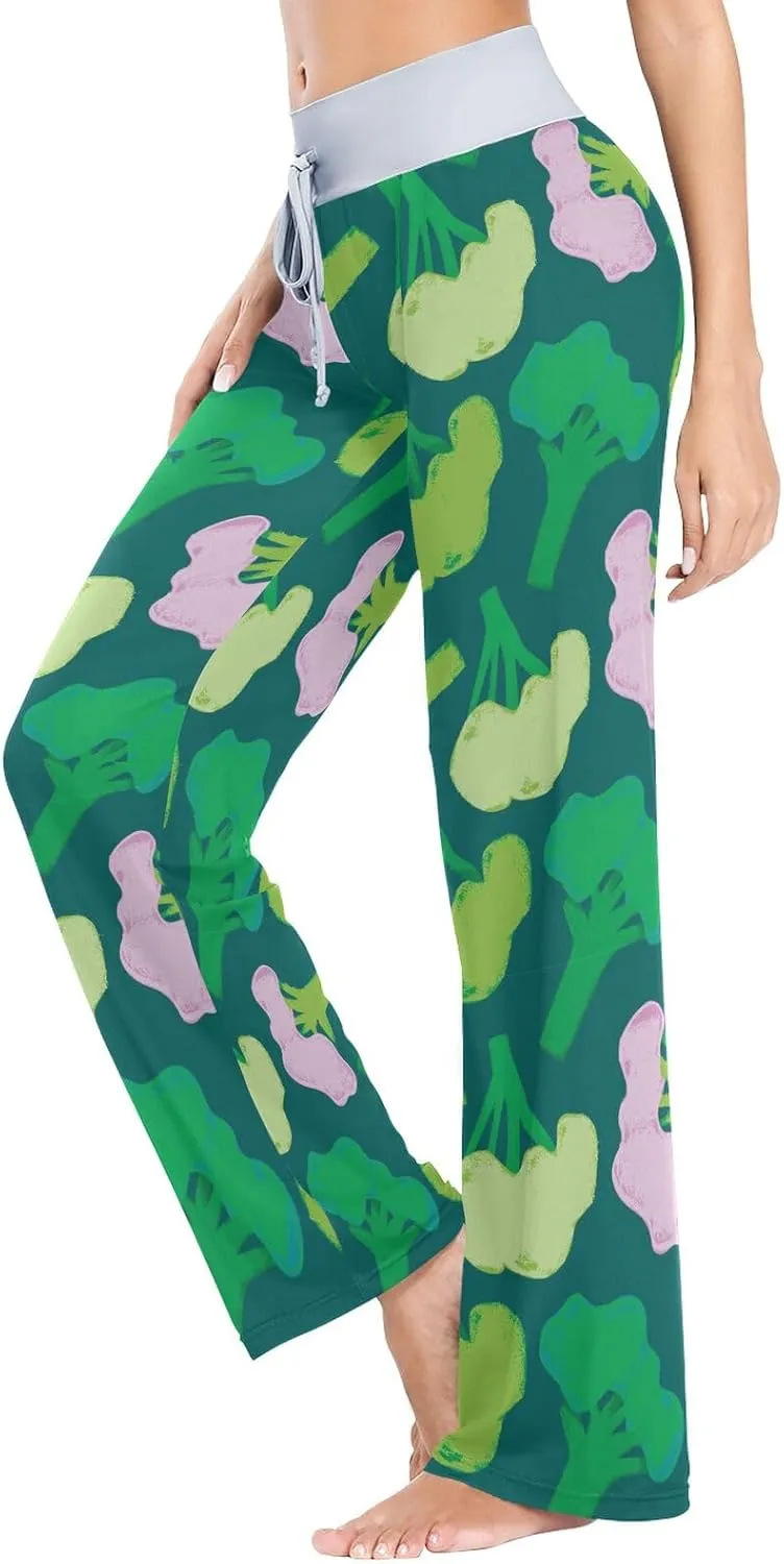 Pigsaly Broccoli Green Cabbage Women's Pajama Pants Vegetarian Food Loose Wide Leg Pant Casual Drawstring Sweatpants XS
