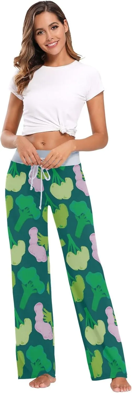 Pigsaly Broccoli Green Cabbage Women's Pajama Pants Vegetarian Food Loose Wide Leg Pant Casual Drawstring Sweatpants XS