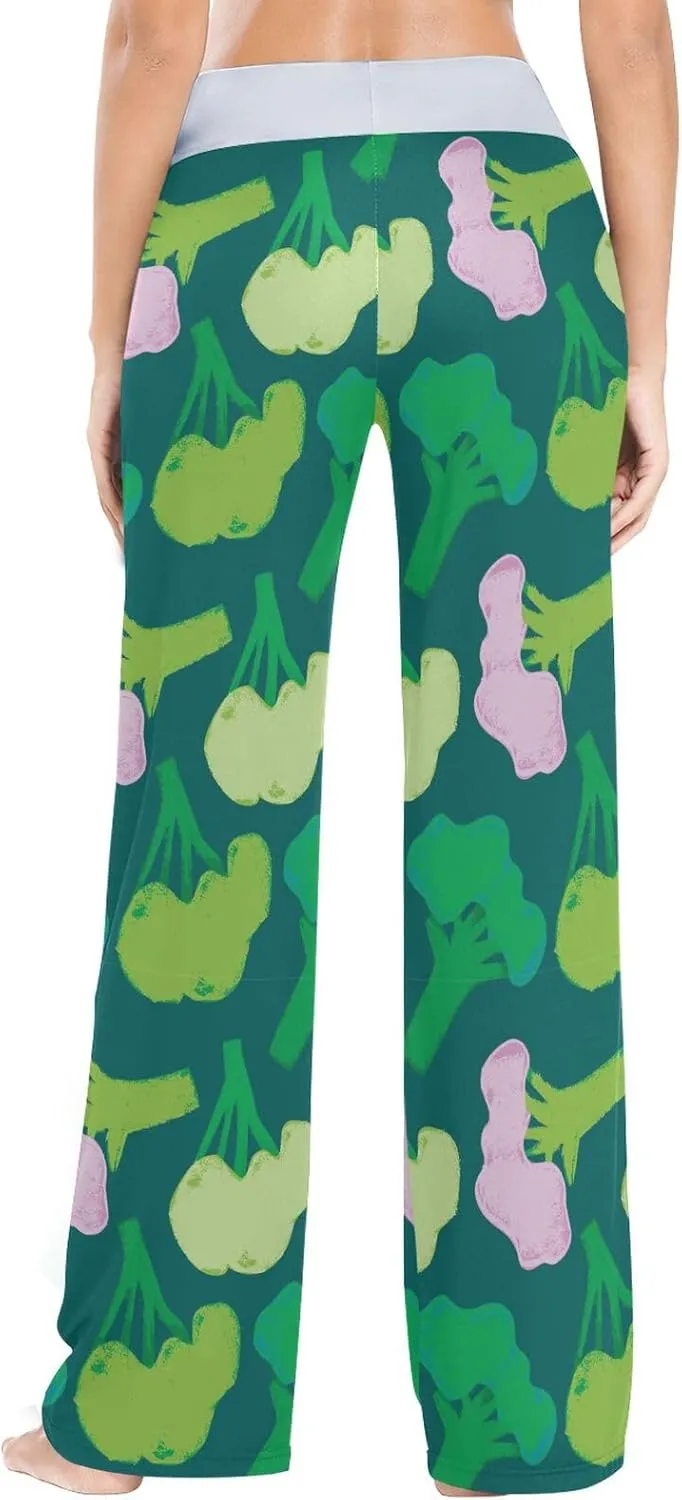 Pigsaly Broccoli Green Cabbage Women's Pajama Pants Vegetarian Food Loose Wide Leg Pant Casual Drawstring Sweatpants XS