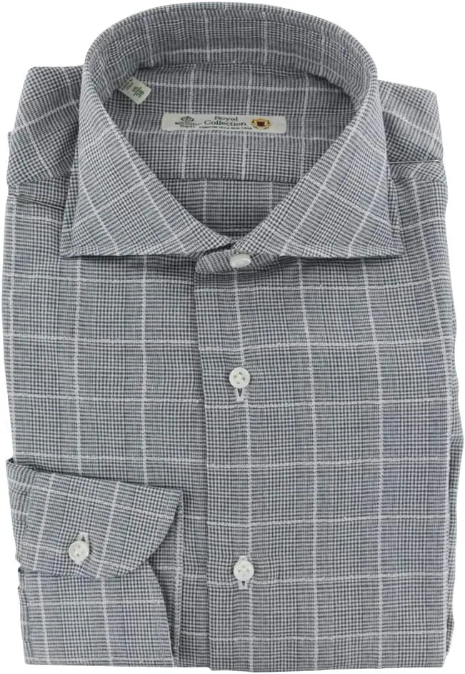 Plaid Gray Wide Spread Collar Cotton Button Down Dress Shirt - 17.5/44