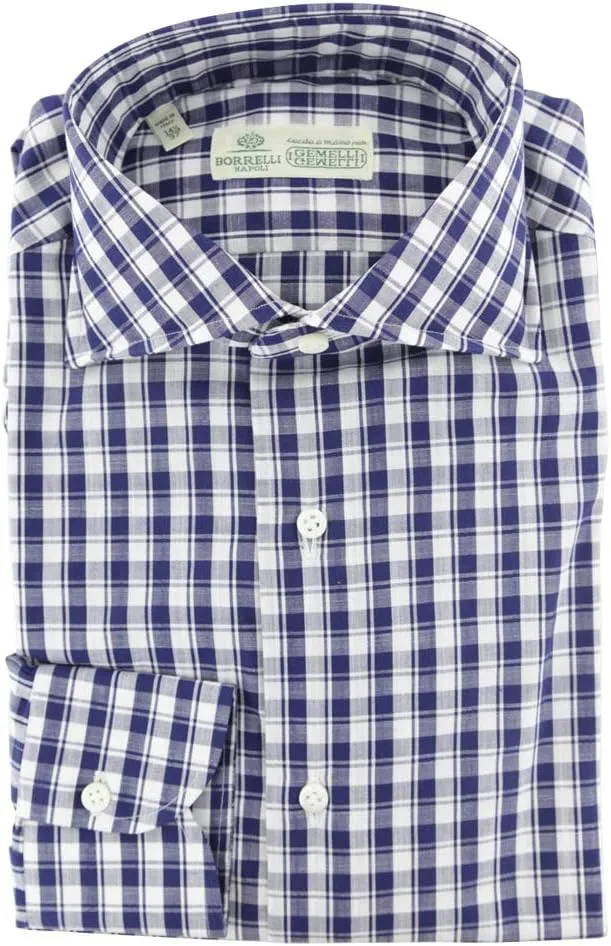 Plaid Navy Blue Wide Spread Collar Cotton Button Down Shirt - 15/38