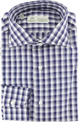 Plaid Navy Blue Wide Spread Collar Cotton Button Down Shirt - 15/38