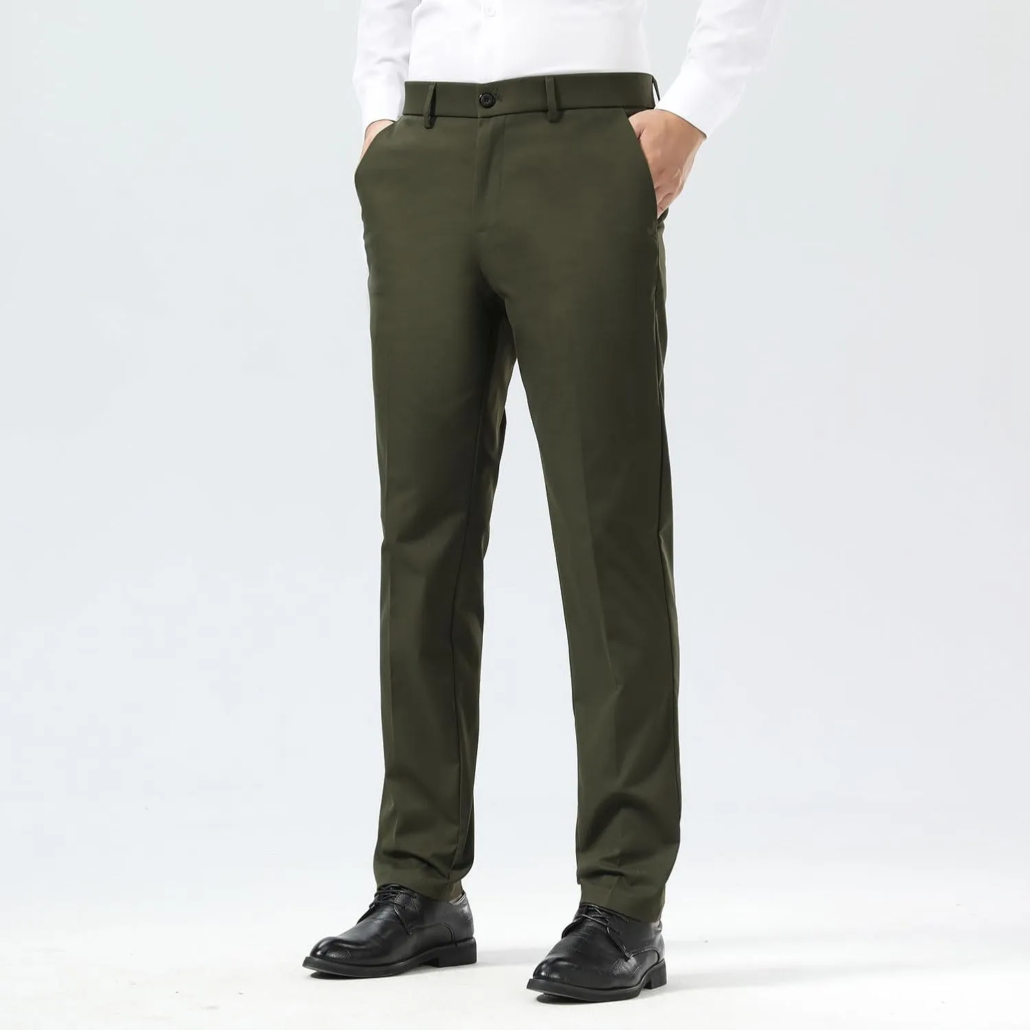 Plaid&Plain Men's Dress Pants Slim Fit Stretch Khaki Pants Wrinkle Free