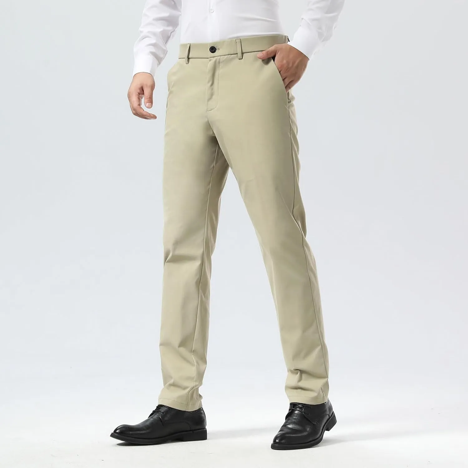 Plaid&Plain Men's Dress Pants Slim Fit Stretch Khaki Pants Wrinkle Free