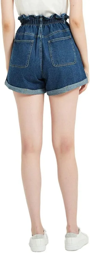 Plaid&Plain Women's High Waisted Denim Shorts Rolled Blue Jean Shorts
