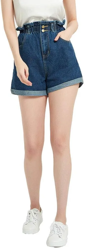 Plaid&Plain Women's High Waisted Denim Shorts Rolled Blue Jean Shorts
