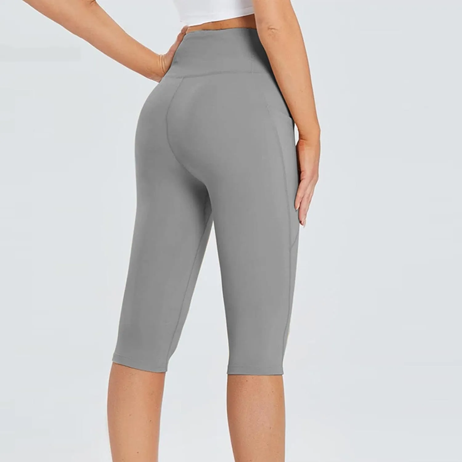 Plus Size Yoga Shorts for Women High Rise Solid Elastic Workout Shorts with Pockets Tummy Control Comfy Sports Shorts