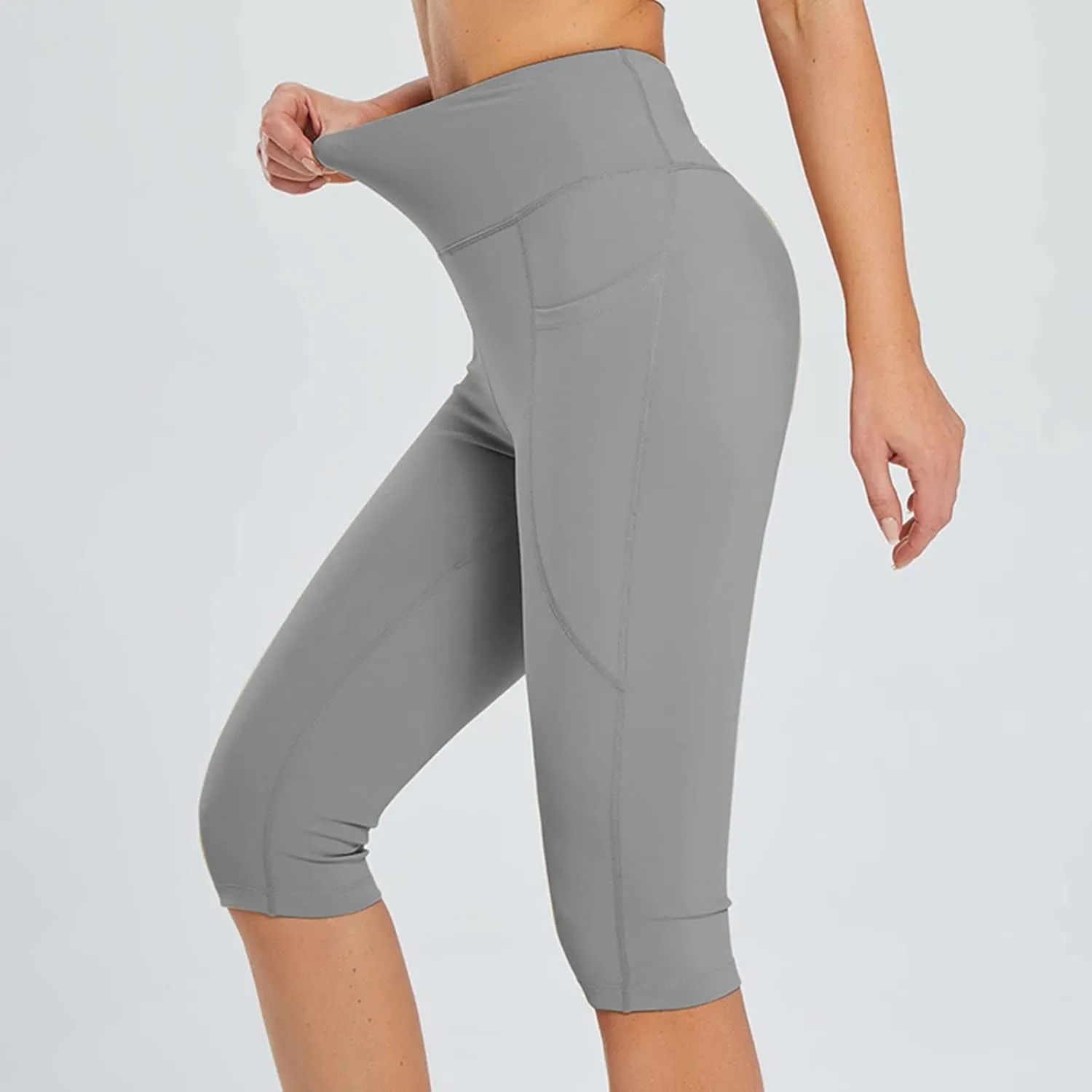 Plus Size Yoga Shorts for Women High Rise Solid Elastic Workout Shorts with Pockets Tummy Control Comfy Sports Shorts