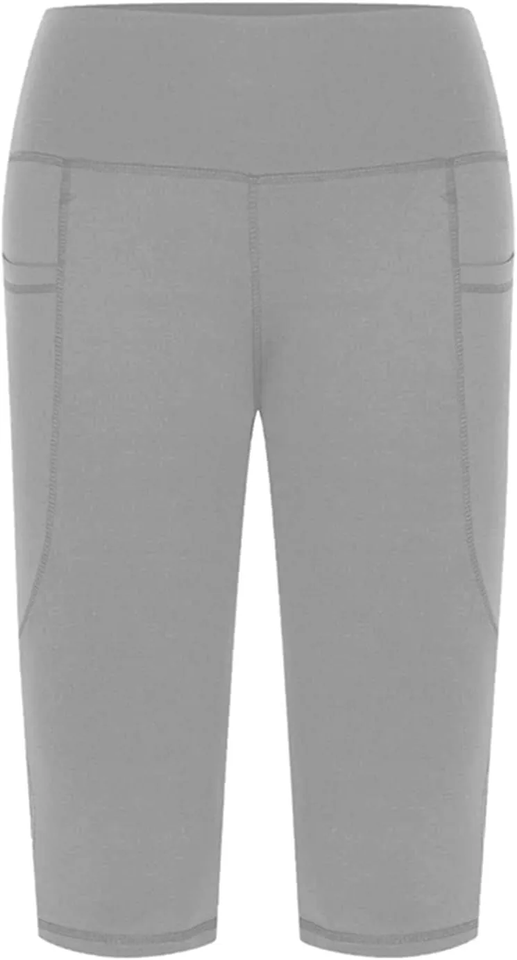 Plus Size Yoga Shorts for Women High Rise Solid Elastic Workout Shorts with Pockets Tummy Control Comfy Sports Shorts