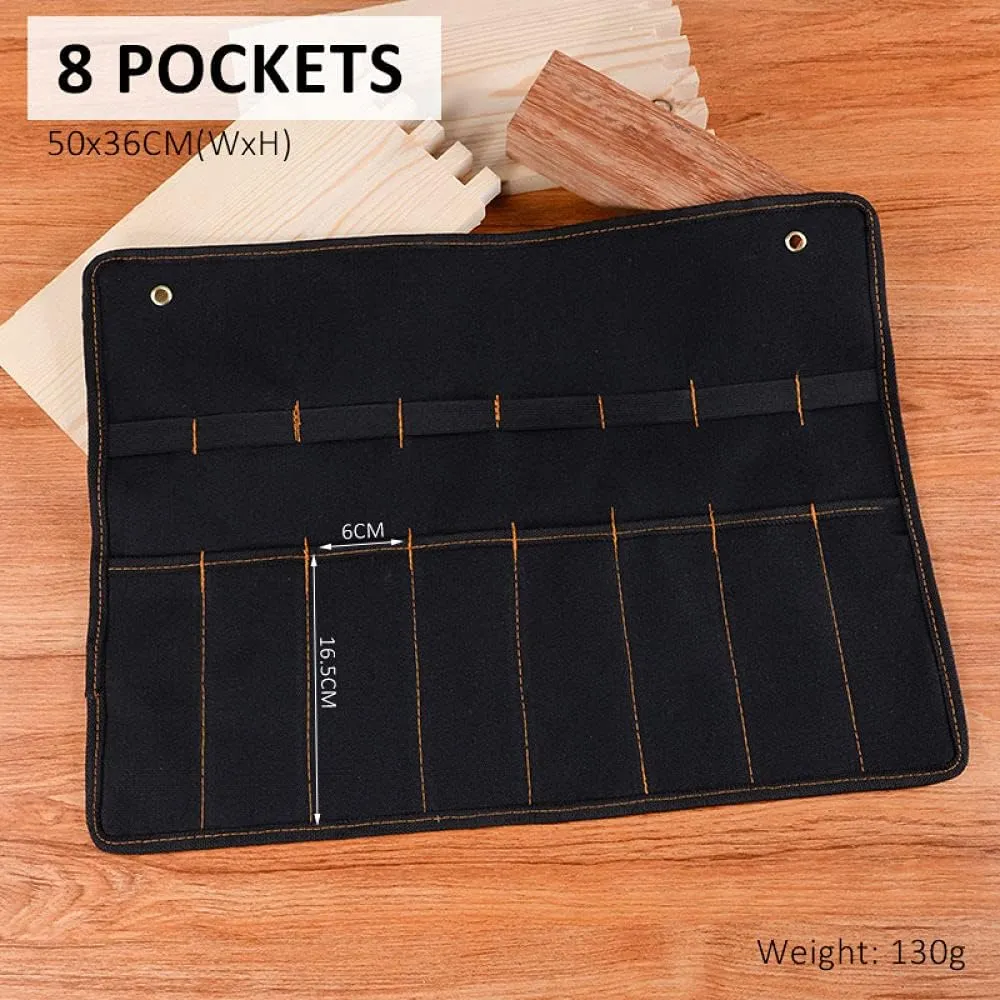 Pocket Tool Bag Chisel Carrying Case Canvas Roll Holder Wrench Pouch Pockets Organizer For Knife Hammers Gouges Carpenter,8 pockets