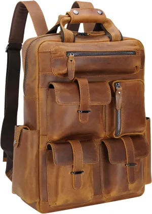 Polare Cowhide Leather Multiple Laptop Backpack Day pack Travel Bag Satchel with YKK Metal Zippers