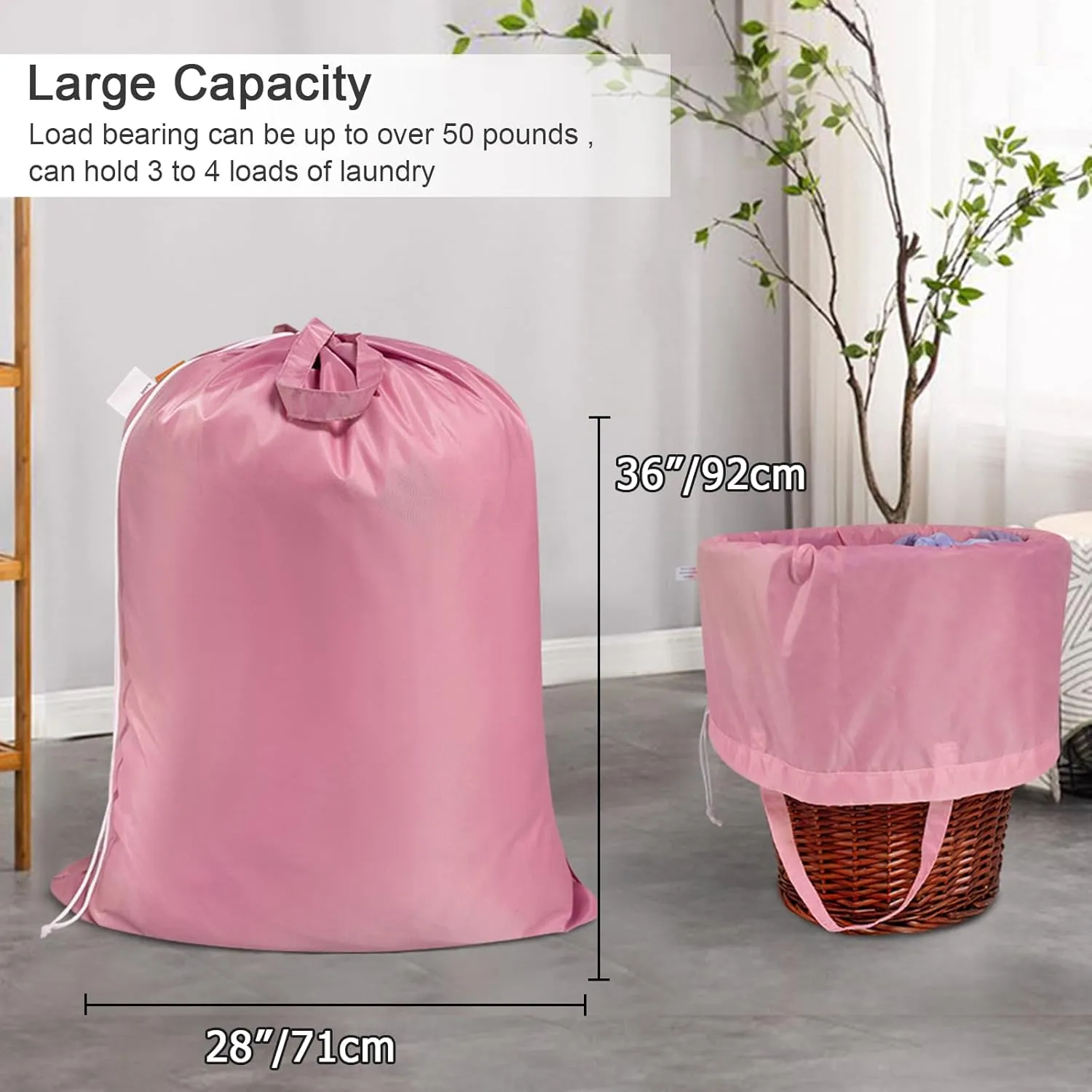 Polecasa Extra Large Heavy Duty Laundry Bag with 130gsm Tear Resistant Fabric and Handles, Easy to Carry Durable Dirty Clothes Drawstring Bag, Perfect for College Dorm, Travel, 2 Pack 28”x36”, Pink