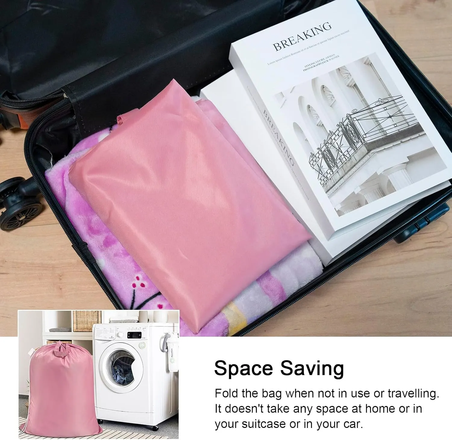 Polecasa Extra Large Heavy Duty Laundry Bag with 130gsm Tear Resistant Fabric and Handles, Easy to Carry Durable Dirty Clothes Drawstring Bag, Perfect for College Dorm, Travel, 2 Pack 28”x36”, Pink