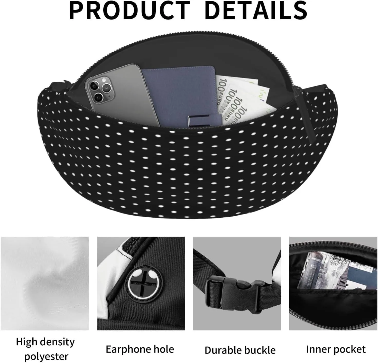 Polka Dots Fanny Pack, Crossbody Waist Packs for Women Men Waist Bags with Adjustable Strap for Travel Running Hiking Sport