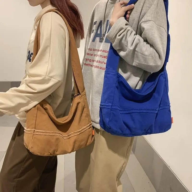 Pooyikoi Fashion Ladies Messenger Bag Large Capacity Crossbody Bag Unisex Canvas Student Shoulder Bag Solid Color Handbag