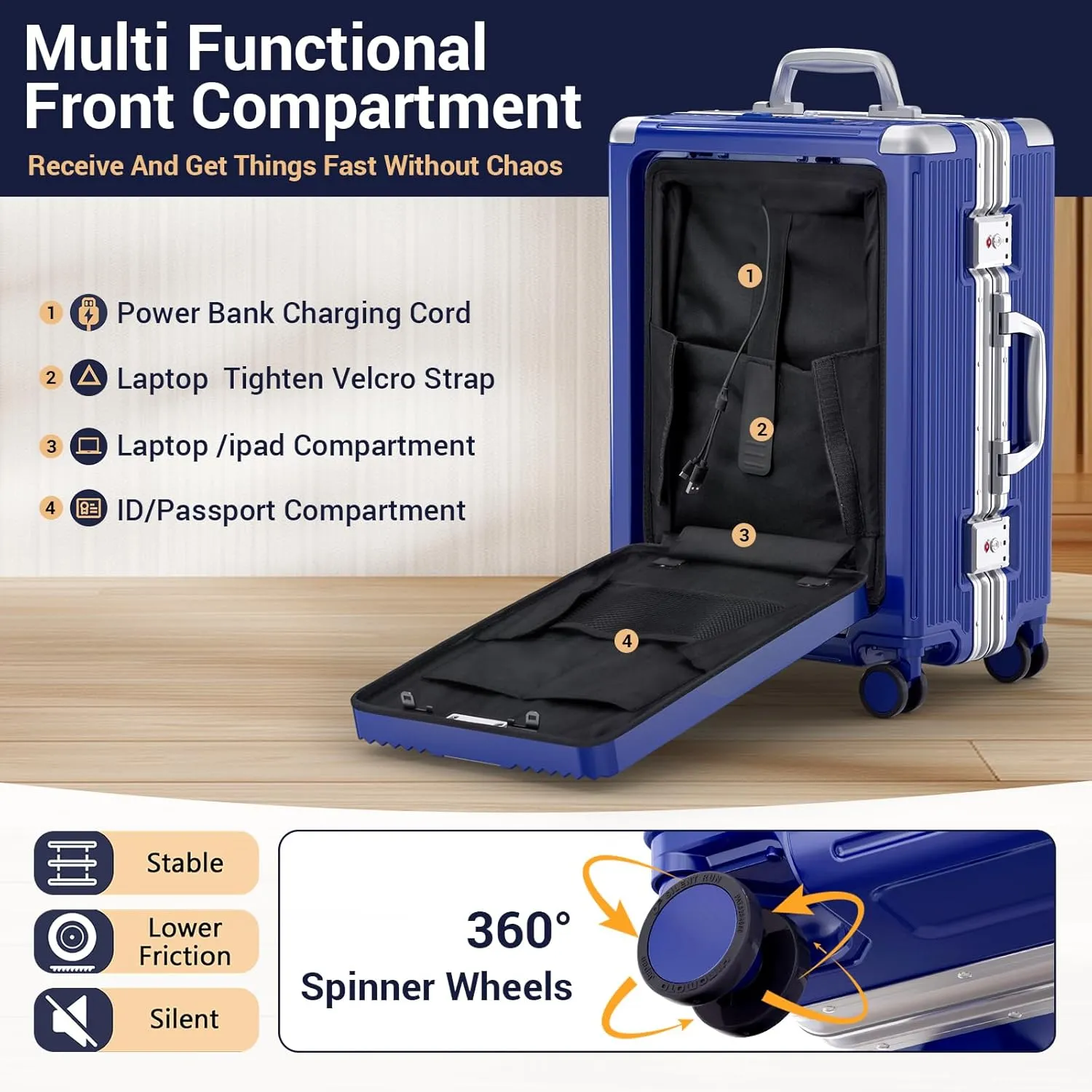 Portable Carry-on Luggage 22 inch with Front Open Door Laptop Compartment &Cup Holder & Top USB Port, TSA Combination Lock & 360°Spinner Wheels Hard Shell Suitcase.(01-Blue)