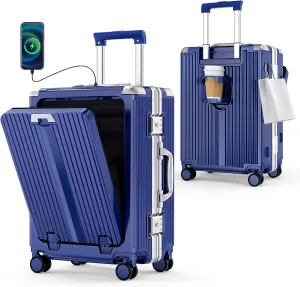 Portable Carry-on Luggage 22 inch with Front Open Door Laptop Compartment &Cup Holder & Top USB Port, TSA Combination Lock & 360°Spinner Wheels Hard Shell Suitcase.(01-Blue)