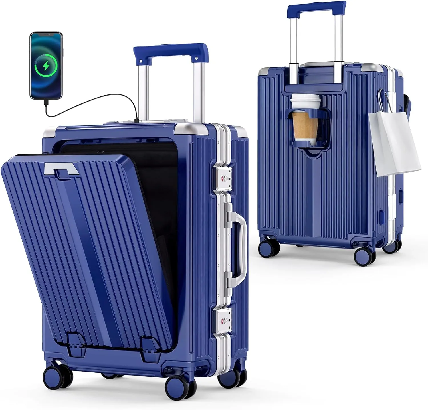 Portable Carry-on Luggage 22 inch with Front Open Door Laptop Compartment &Cup Holder & Top USB Port, TSA Combination Lock & 360°Spinner Wheels Hard Shell Suitcase.(01-Blue)