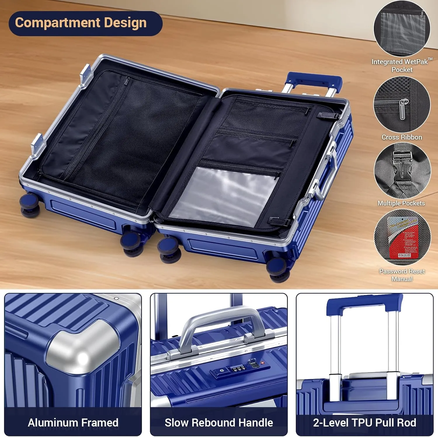 Portable Carry-on Luggage 22 inch with Front Open Door Laptop Compartment &Cup Holder & Top USB Port, TSA Combination Lock & 360°Spinner Wheels Hard Shell Suitcase.(01-Blue)