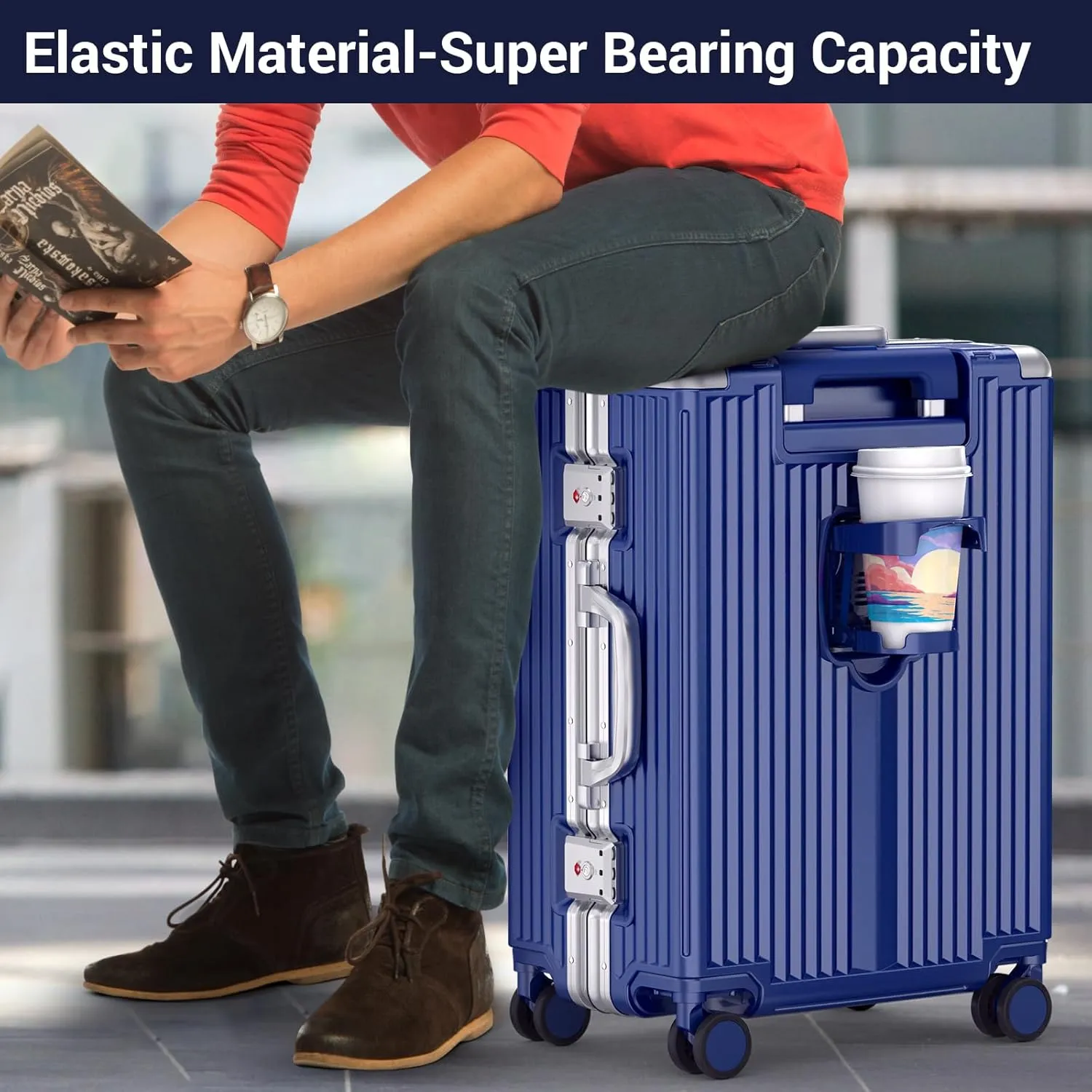 Portable Carry-on Luggage 22 inch with Front Open Door Laptop Compartment &Cup Holder & Top USB Port, TSA Combination Lock & 360°Spinner Wheels Hard Shell Suitcase.(01-Blue)