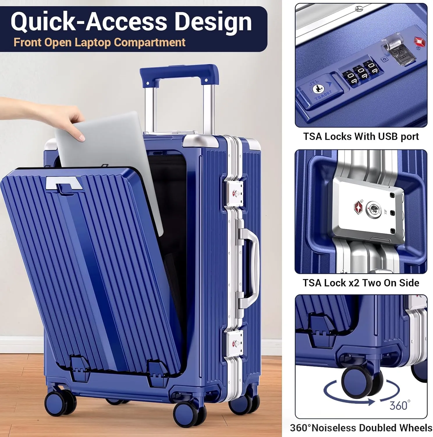 Portable Carry-on Luggage 22 inch with Front Open Door Laptop Compartment &Cup Holder & Top USB Port, TSA Combination Lock & 360°Spinner Wheels Hard Shell Suitcase.(01-Blue)