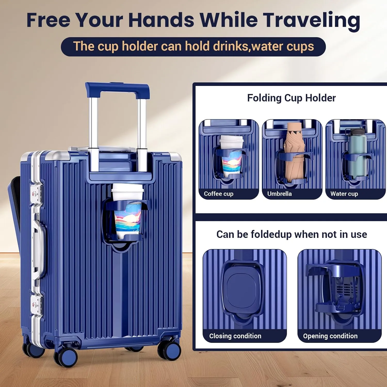 Portable Carry-on Luggage 22 inch with Front Open Door Laptop Compartment &Cup Holder & Top USB Port, TSA Combination Lock & 360°Spinner Wheels Hard Shell Suitcase.(01-Blue)