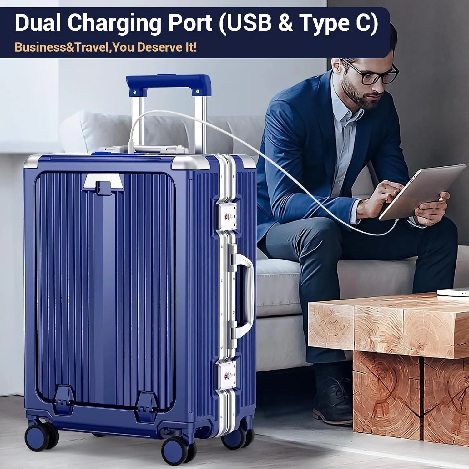 Portable Carry-on Luggage 22 inch with Front Open Door Laptop Compartment &Cup Holder & Top USB Port, TSA Combination Lock & 360°Spinner Wheels Hard Shell Suitcase.(01-Blue)