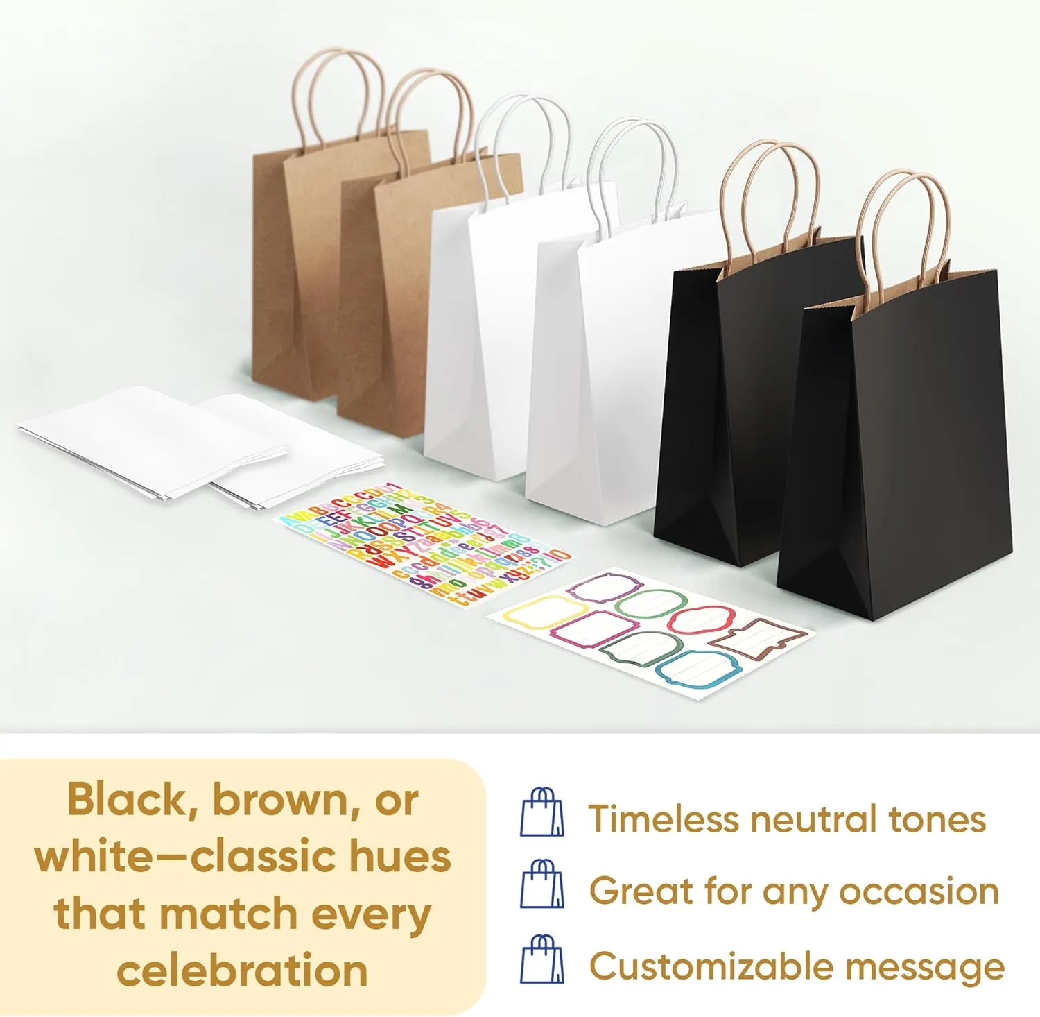 Posh Brilliance Black White Brown Paper Gift Bags with Handles - Personalized Paper Bags with Handles, Tissue Papers, Sticker Letters - Set of 6 Neutral Gift Bags for Birthdays, Christmas - 8x10"