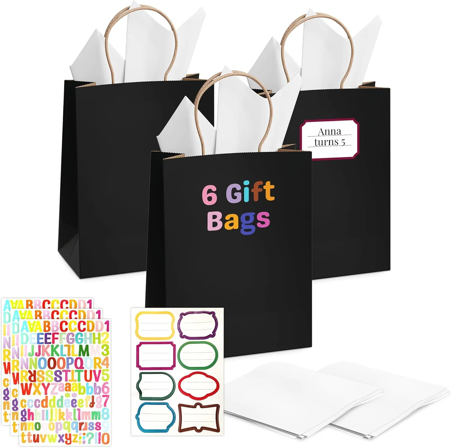 Posh Brilliance Black White Brown Paper Gift Bags with Handles - Personalized Paper Bags with Handles, Tissue Papers, Sticker Letters - Set of 6 Neutral Gift Bags for Birthdays, Christmas - 8x10"