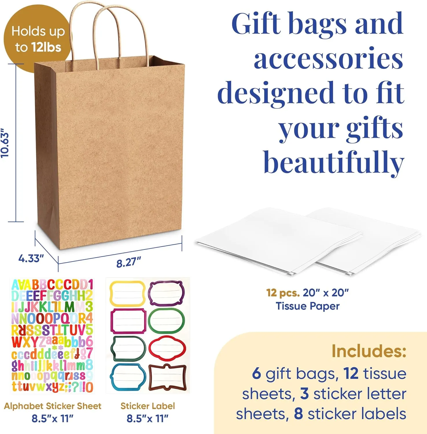 Posh Brilliance Black White Brown Paper Gift Bags with Handles - Personalized Paper Bags with Handles, Tissue Papers, Sticker Letters - Set of 6 Neutral Gift Bags for Birthdays, Christmas - 8x10"