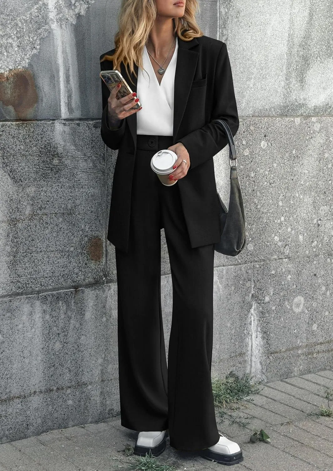 PRETTYGARDEN Women's Fall Two Piece Outfits Dressy Blazer Jacket and Wide Leg Pants Pockets Business Casual Office Suit Sets