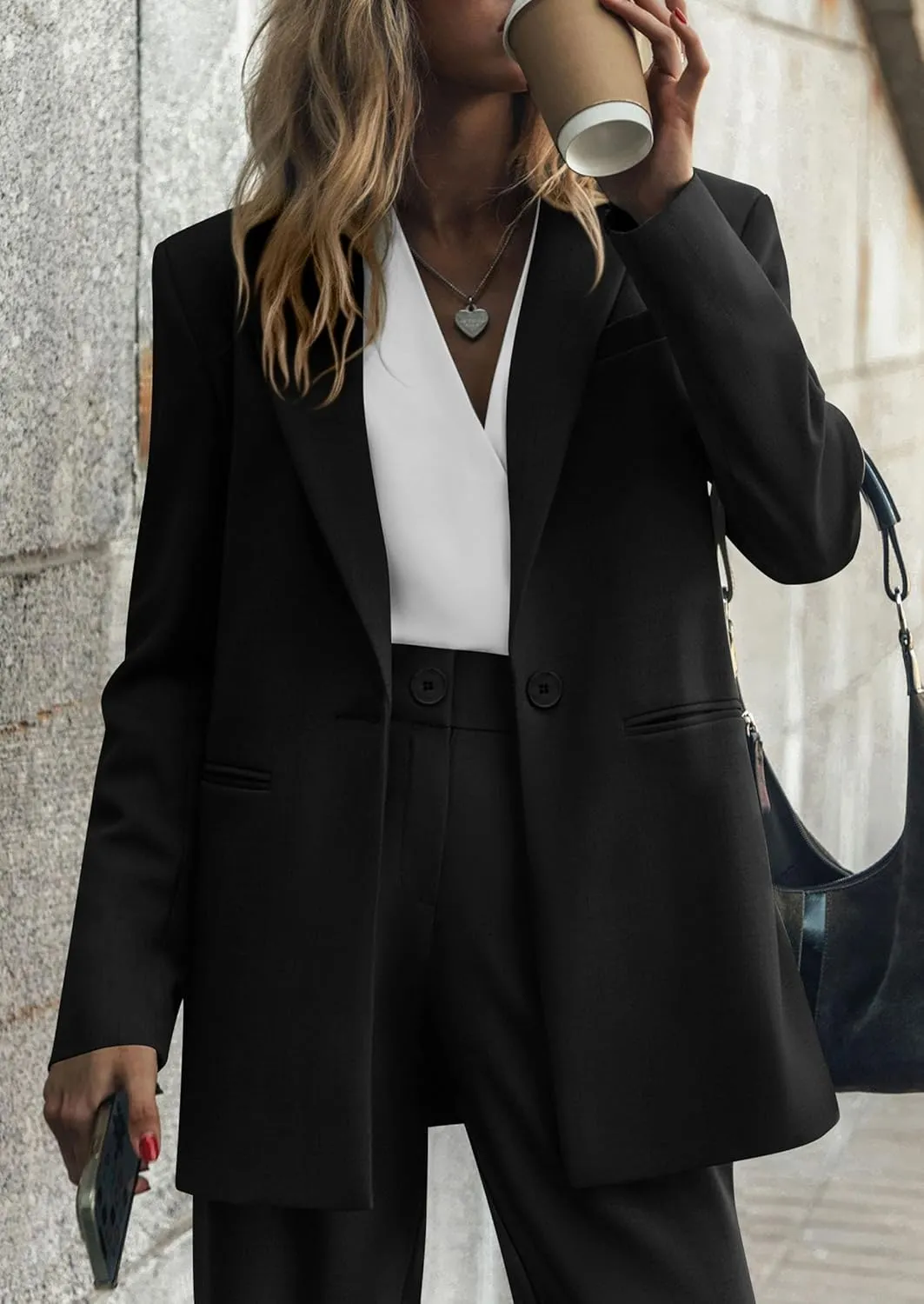 PRETTYGARDEN Women's Fall Two Piece Outfits Dressy Blazer Jacket and Wide Leg Pants Pockets Business Casual Office Suit Sets