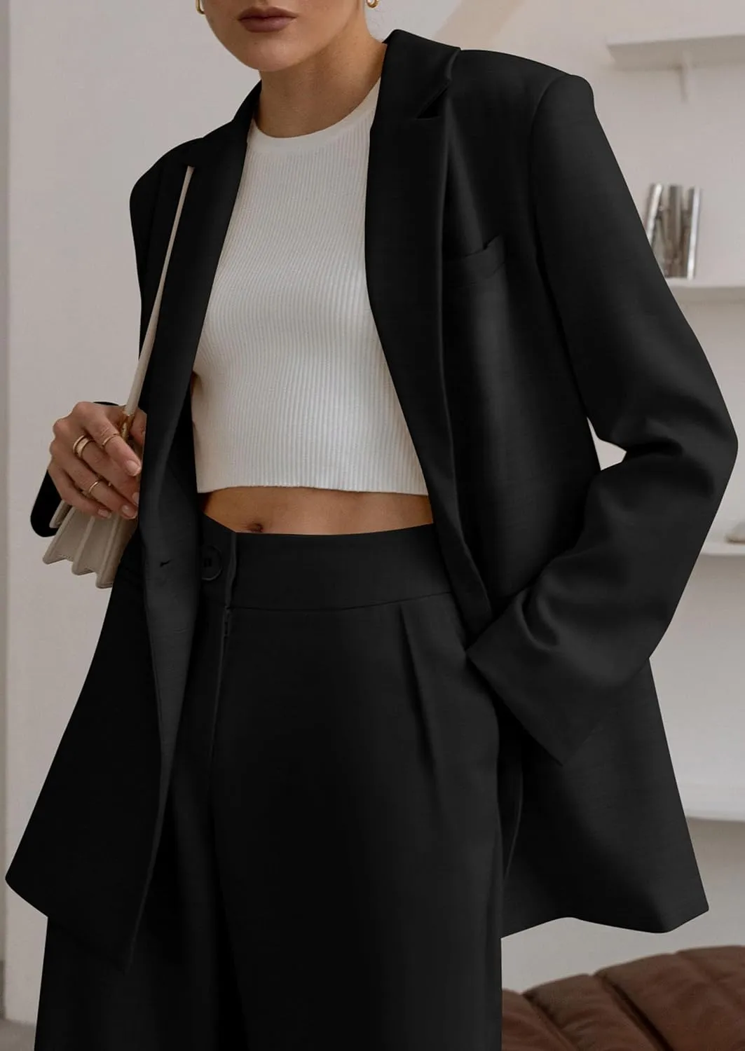 PRETTYGARDEN Women's Fall Two Piece Outfits Dressy Blazer Jacket and Wide Leg Pants Pockets Business Casual Office Suit Sets