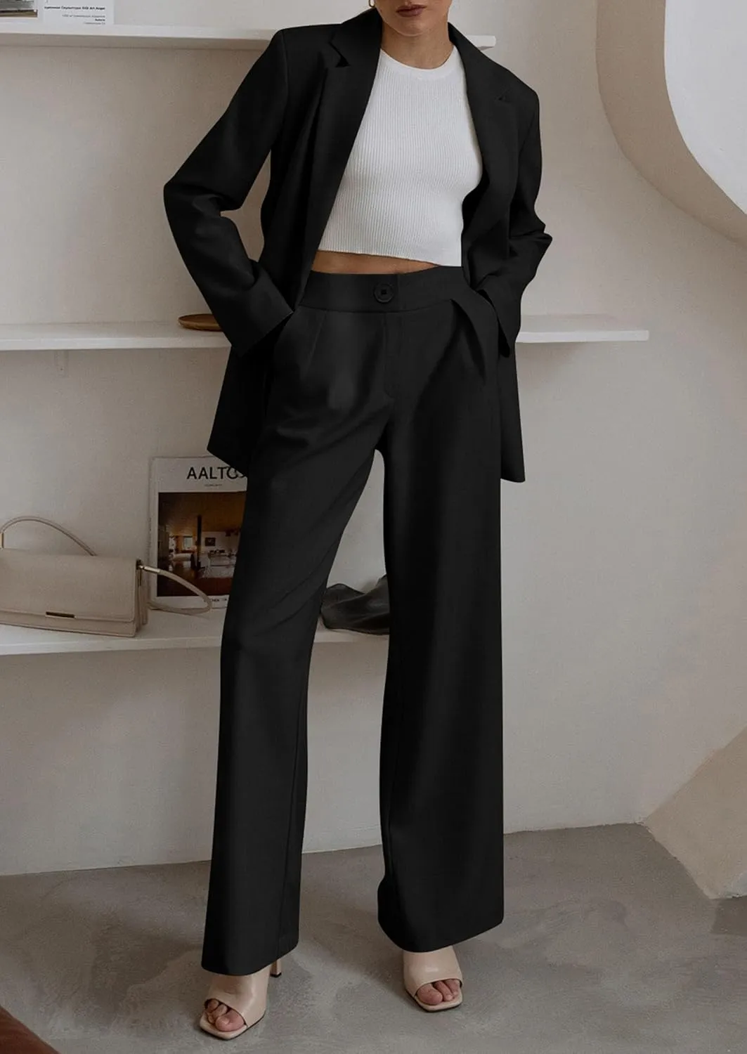 PRETTYGARDEN Women's Fall Two Piece Outfits Dressy Blazer Jacket and Wide Leg Pants Pockets Business Casual Office Suit Sets