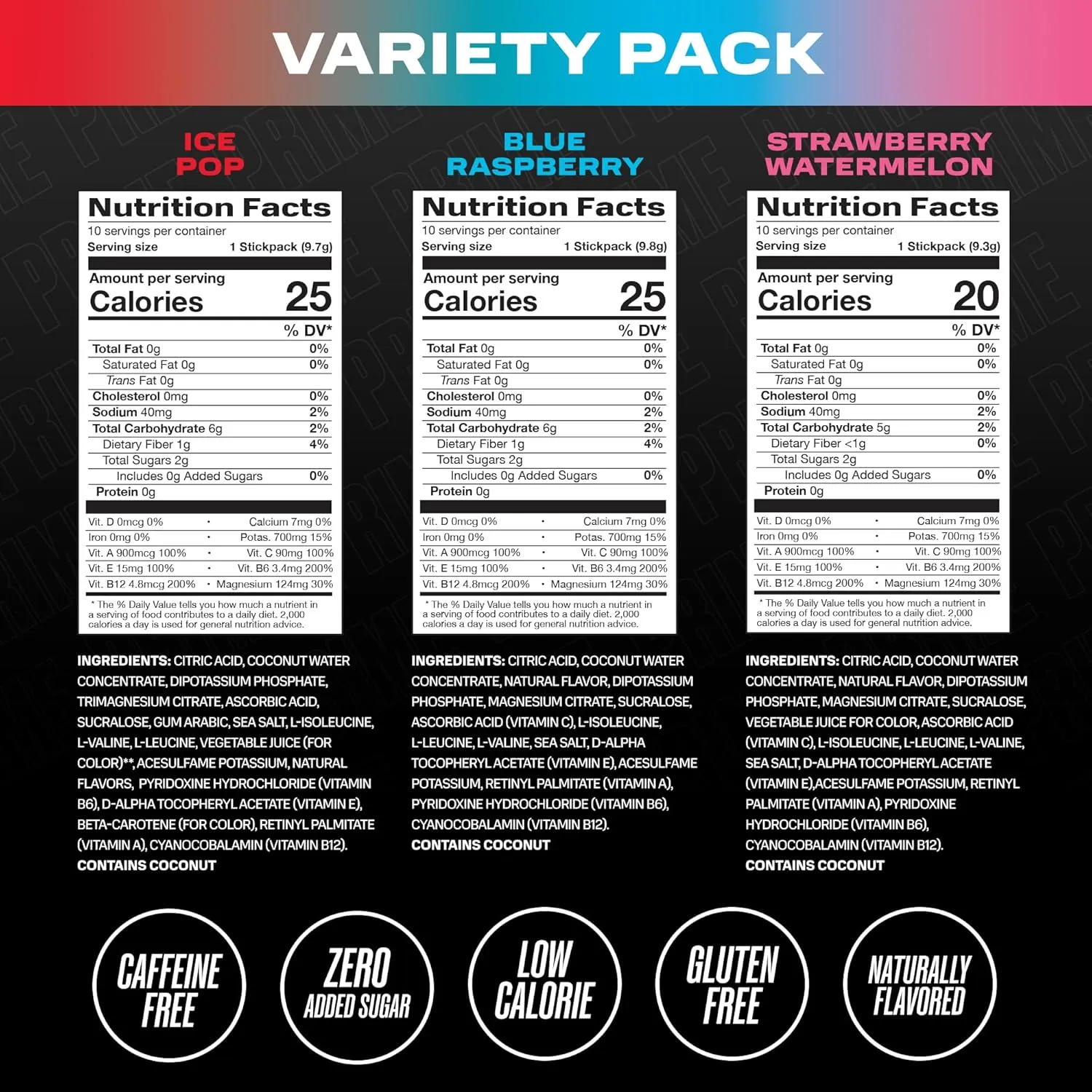 PRIME HYDRATION  Sticks Variety Pack | Hydration Powder Single Serve Sticks | Electrolyte Powder On The Go | Low Sugar | Caffeine-Free | Vegan | 30 Sticks