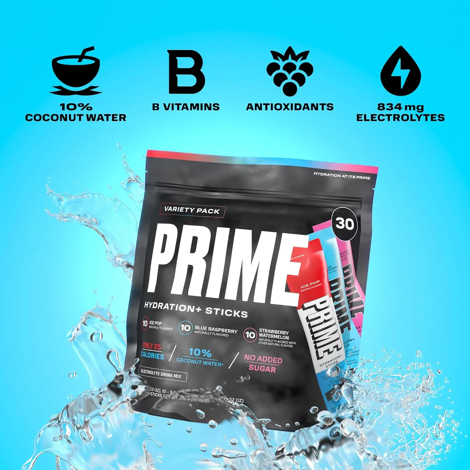 PRIME HYDRATION  Sticks Variety Pack | Hydration Powder Single Serve Sticks | Electrolyte Powder On The Go | Low Sugar | Caffeine-Free | Vegan | 30 Sticks