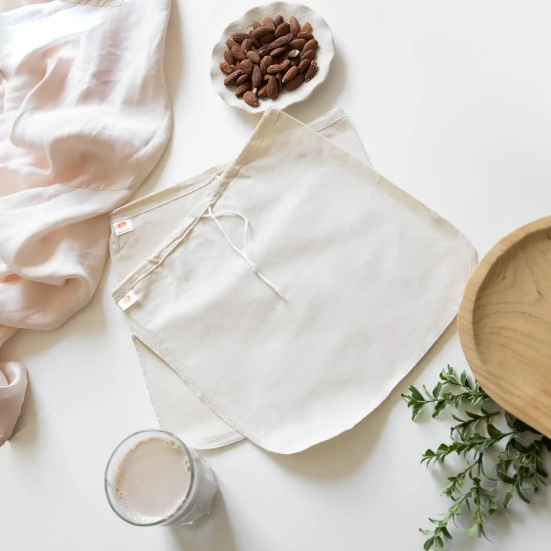 Pro Quality Organic Cotton Nut Milk Bag 2 Pack - 12"X12" XL Bags - Heavy Duty Reusable All Purpose Food Strainer - Food Grade BPA-Free