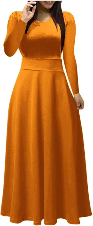 Prom Dresses for Women Plain Long Sleeve Ruffle Swing Dress Causal Elegant Elastic Waist Crewneck Fall Winter Dresses