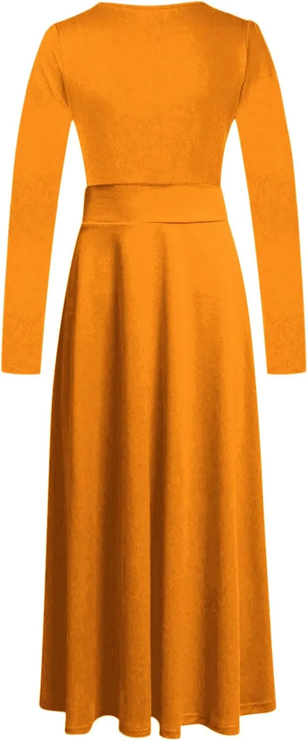 Prom Dresses for Women Plain Long Sleeve Ruffle Swing Dress Causal Elegant Elastic Waist Crewneck Fall Winter Dresses
